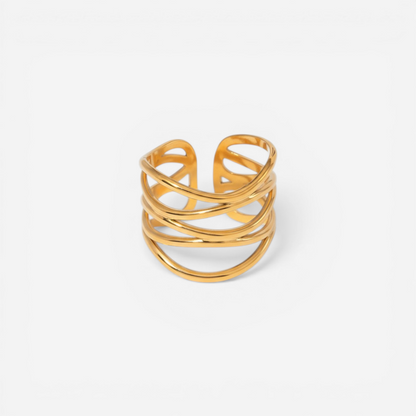 Textured gold multi-band crossover ring waterproof stainless steel jewelry.