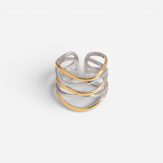 Mixed metal two-tone ring gold and silver crossover design wide band.