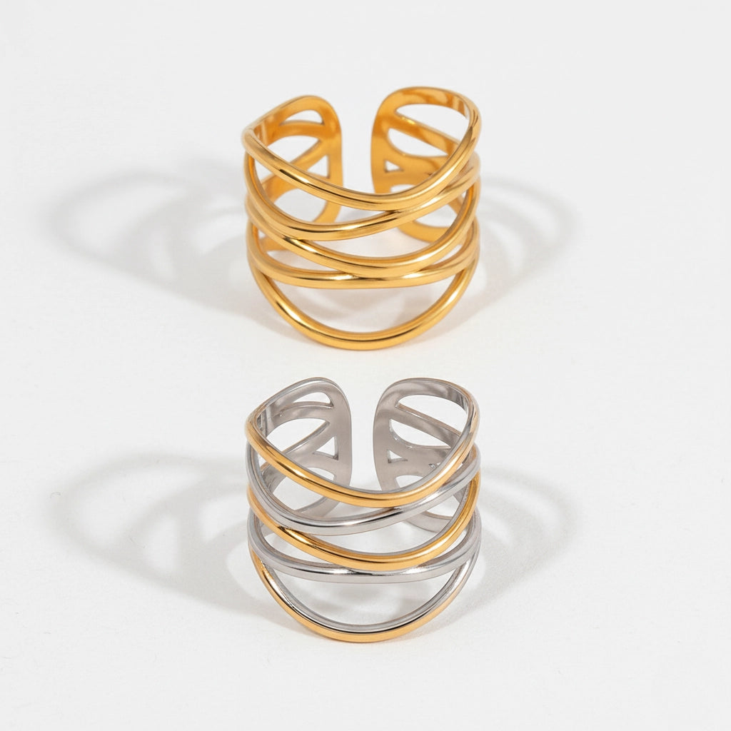 Comparison of gold and mixed metal textured wide band rings stainless steel.
