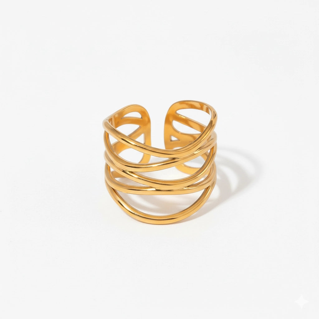 Textured gold multi-band crossover ring waterproof stainless steel jewelry.