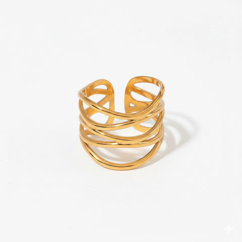 Textured gold multi-band crossover ring waterproof stainless steel jewelry.