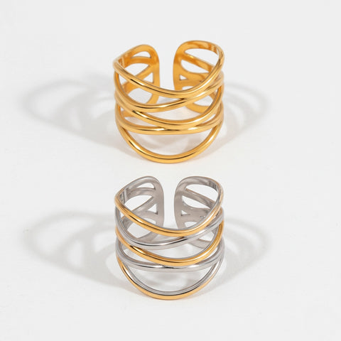 Comparison of gold and mixed metal textured wide band rings stainless steel.