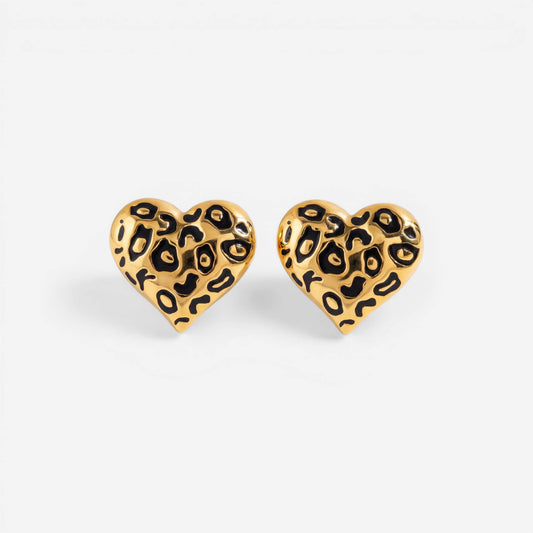 Pair of puffy gold heart earrings with leopard animal print design waterproof jewelry.
