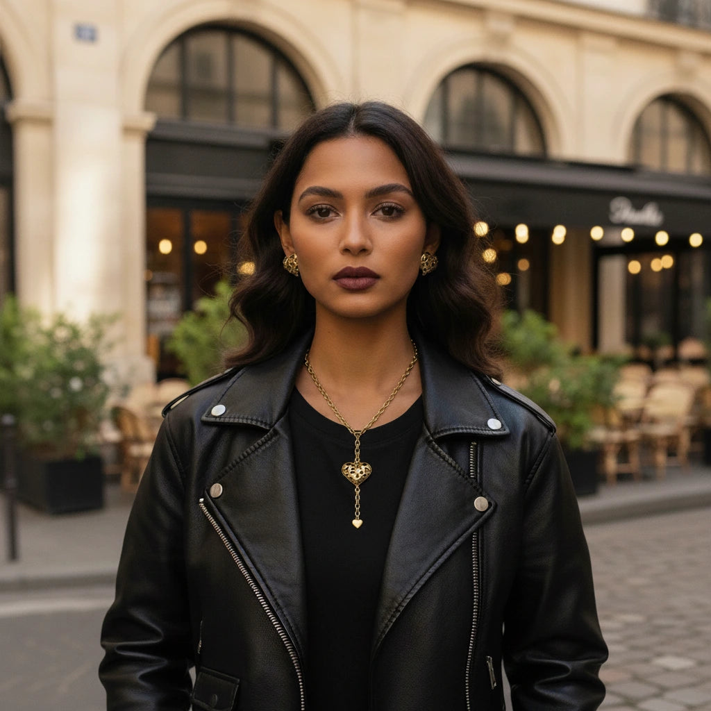 A cool, edgy look featuring a model wearing The Artemis Lariat with a black leather jacket, embodying a fierce, rock and roll spirit.