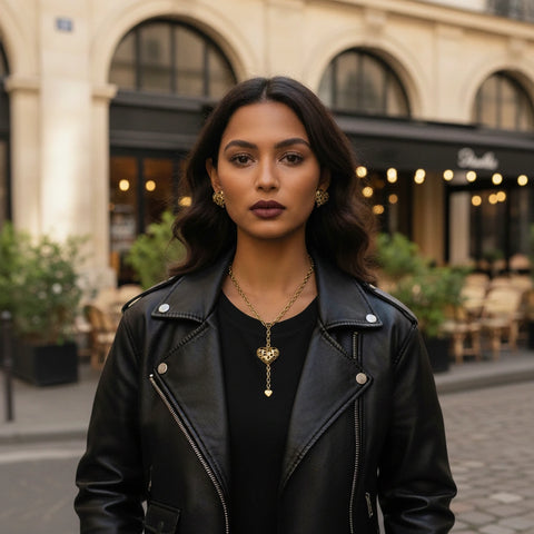A cool, edgy look featuring a model wearing The Artemis Lariat with a black leather jacket, embodying a fierce, rock and roll spirit.