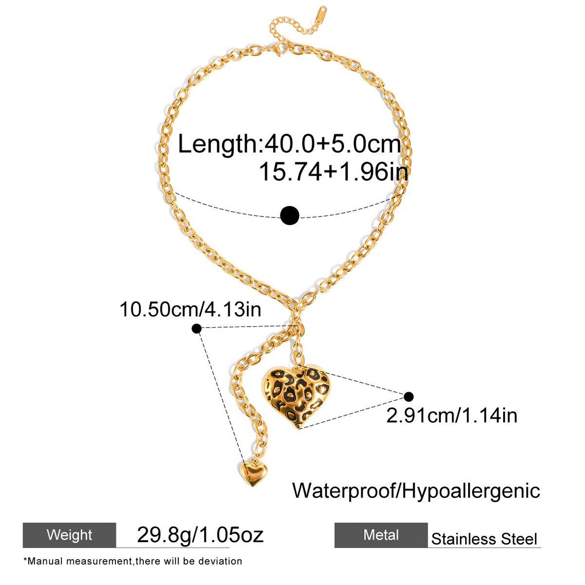 Product specification graphic for The Artemis Lariat, detailing its chain length, pendant sizes, and icons for its waterproof and hypoallergenic materials.