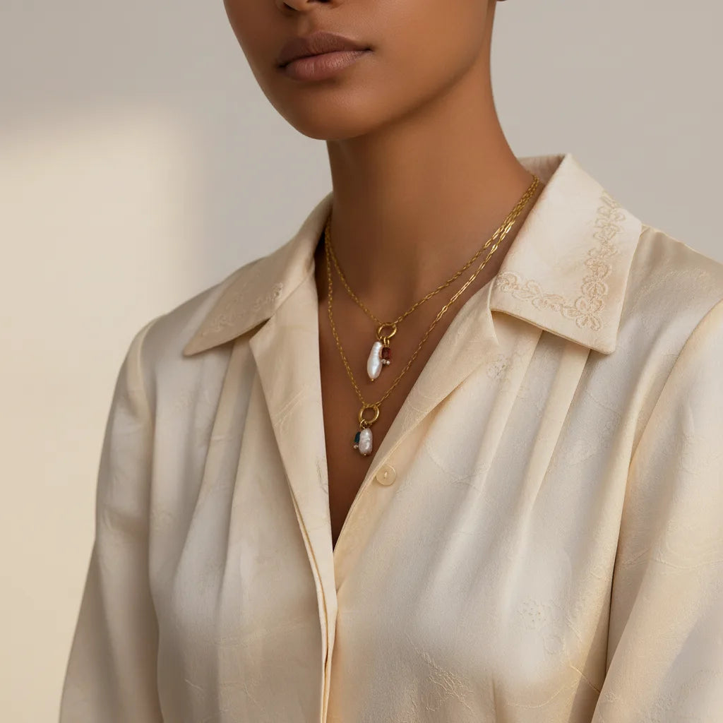 The Astoria Necklace resting on a model's collarbone with a beautiful silk blouse, highlighting its perfect length and sophisticated charm.