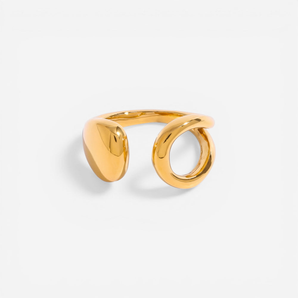 Asymmetrical teardrop open ring gold stainless steel liquid metal design.