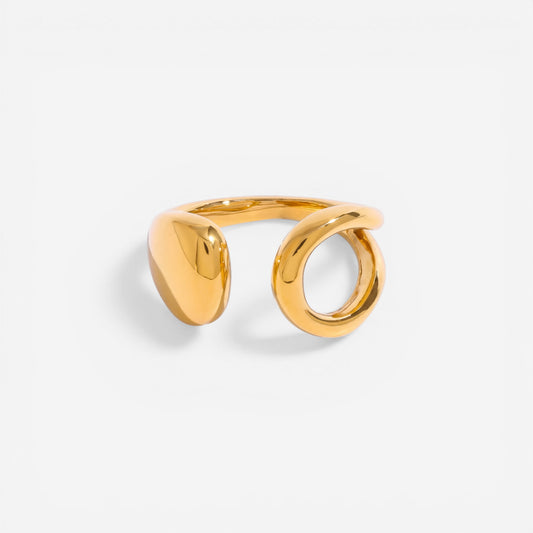 Asymmetrical teardrop open ring gold stainless steel liquid metal design.