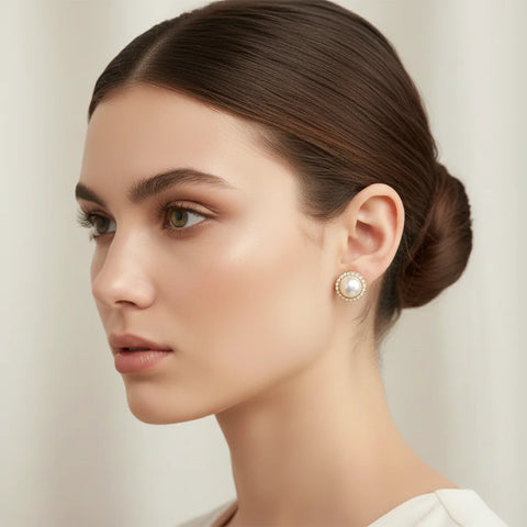 Side profile of a model with an elegant updo, wearing The Athena Studs to showcase their perfect size and classic placement on the earlobe.
