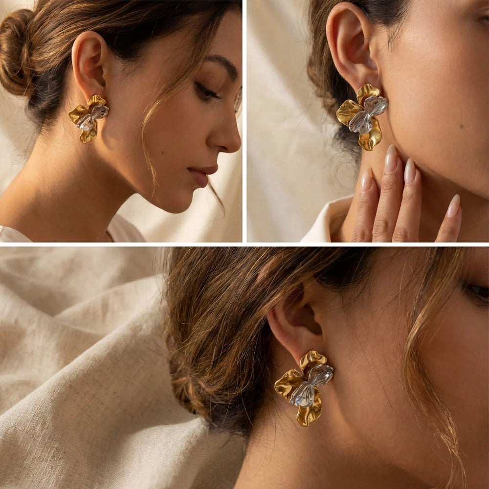 Lifestyle collage of woman wearing artistic gold and clear stone earrings elegant fashion.