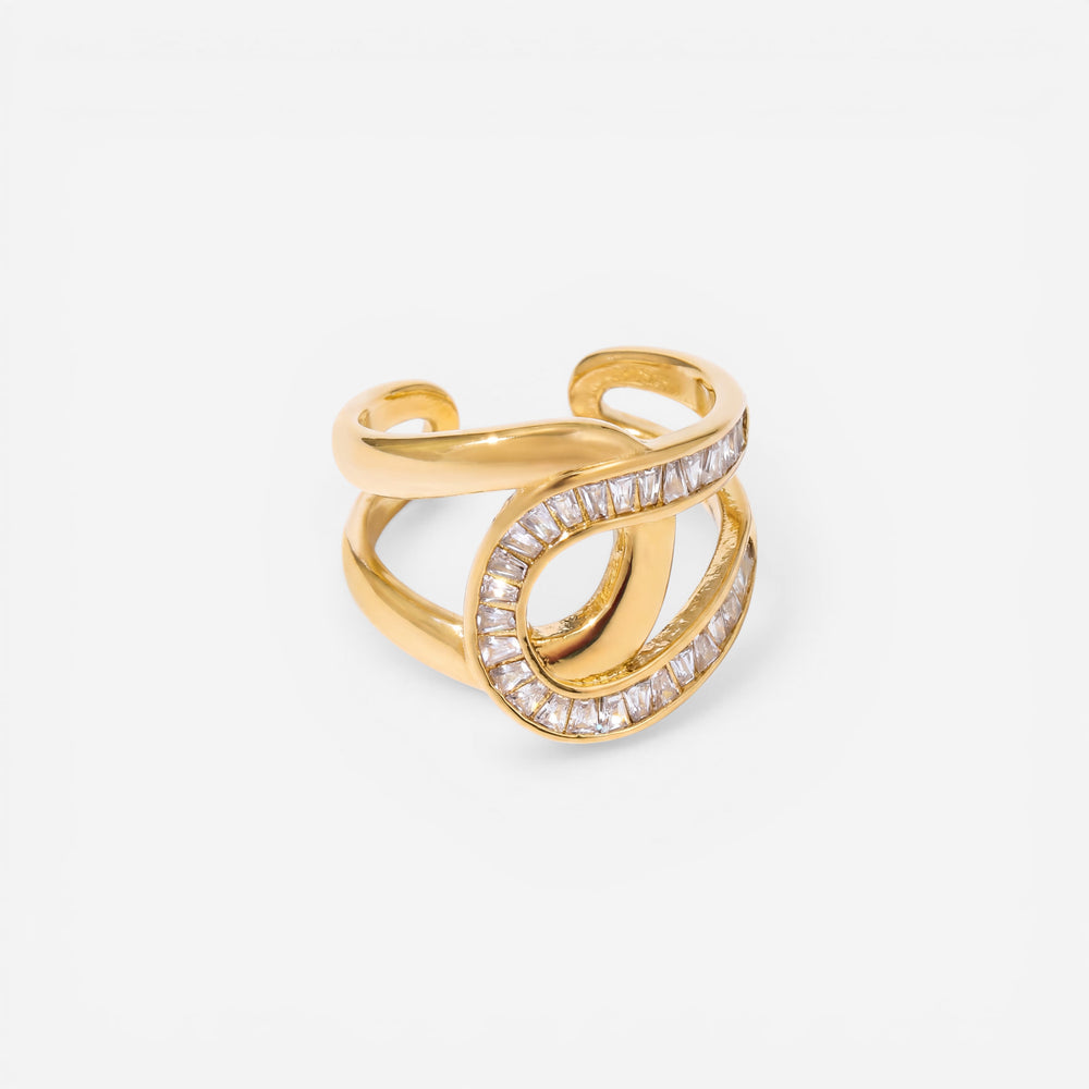 Gold baguette crystal crossover ring adjustable band waterproof stainless steel.