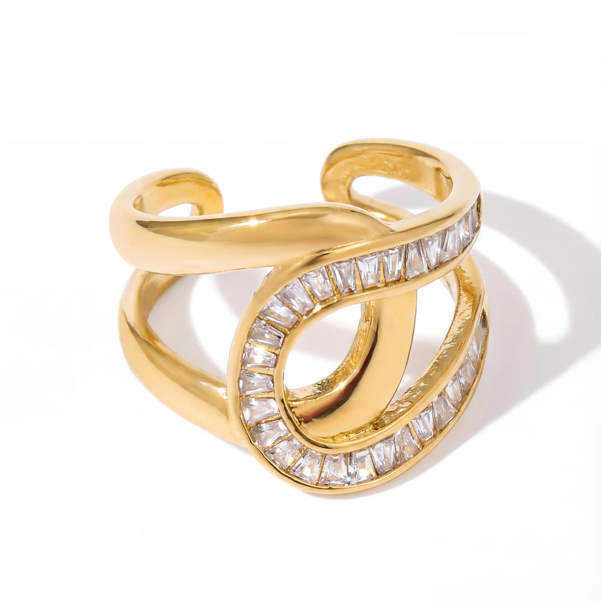 Gold baguette crystal crossover ring adjustable band waterproof stainless steel.