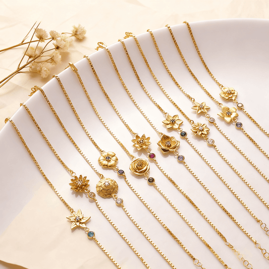 Birth Flower Bracelet | Dainty Gold Box Chain with Birthstone