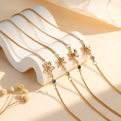 Birth Flower Bracelet | Dainty Gold Box Chain with Birthstone