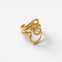 Gold wavy open ring with abstract ripple design waterproof stainless steel.