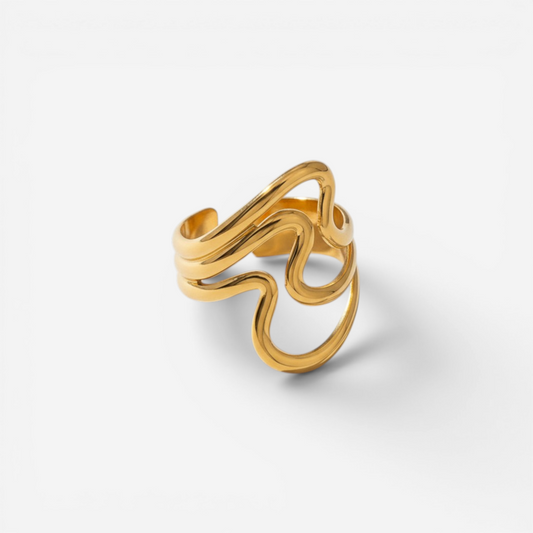 Gold wavy open ring with abstract ripple design waterproof stainless steel.