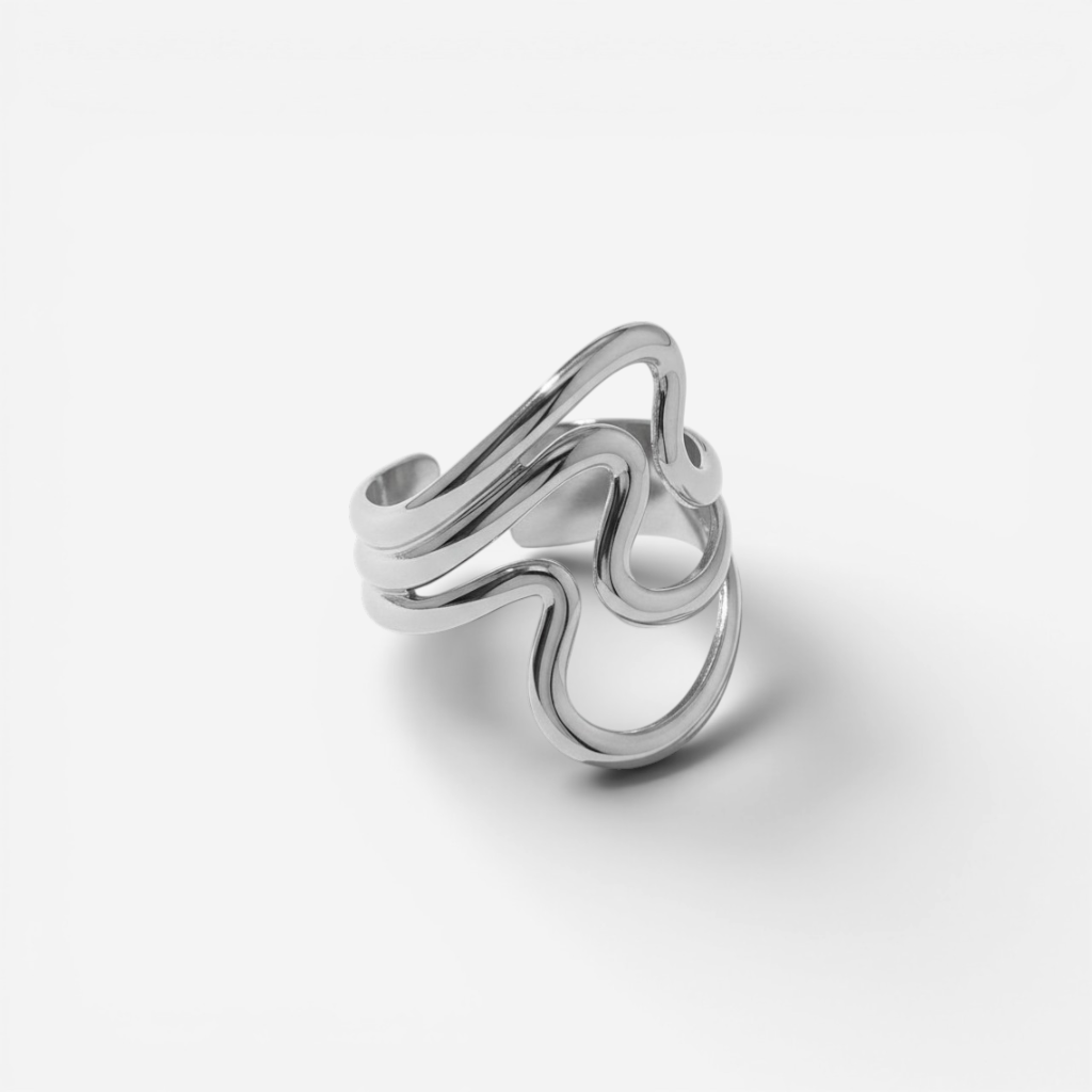 Silver wavy open ring minimalist stainless steel jewelry.