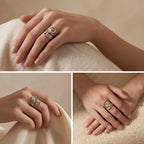 Lifestyle collage of woman wearing silver wavy statement ring minimalist style.