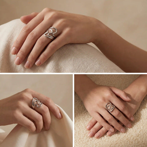 Lifestyle collage of woman wearing silver wavy statement ring minimalist style.