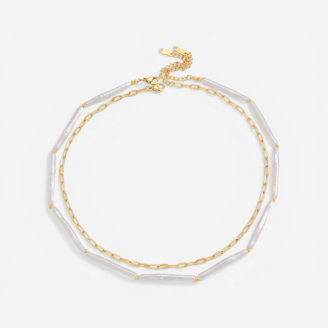 Double layer necklace set gold chain and white bead bar design waterproof jewelry.