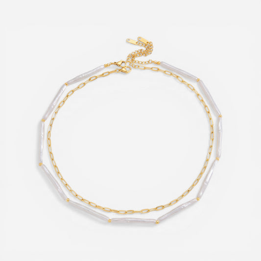 Double layer necklace set gold chain and white bead bar design waterproof jewelry.