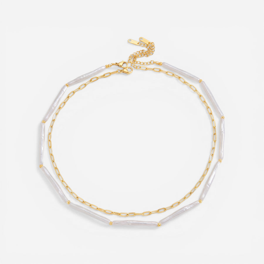 Double layer necklace set gold chain and white bead bar design waterproof jewelry.
