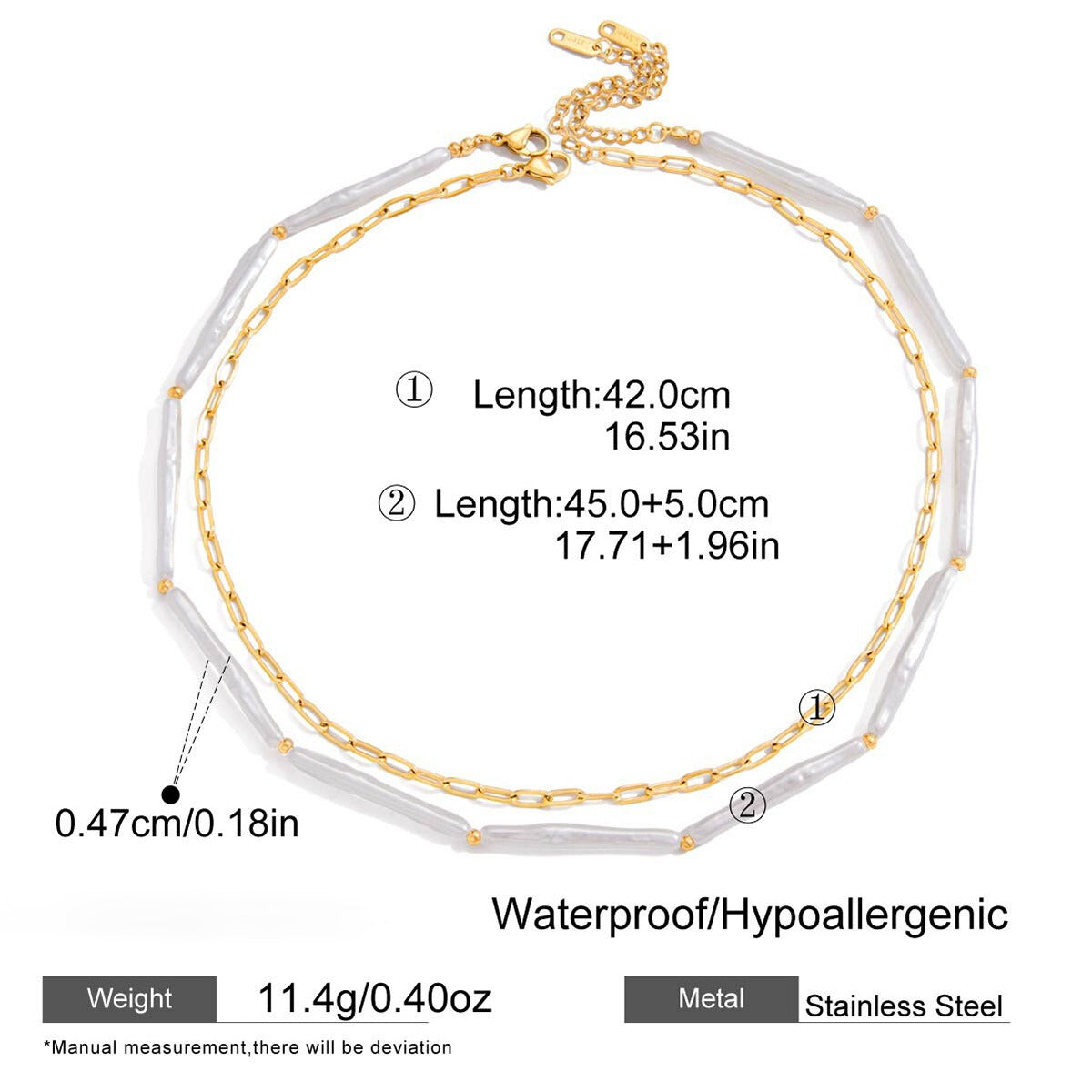 Product specification graphic for The Callisto Necklace, detailing the different lengths of the two chains, weight, and icons for its waterproof and hypoallergenic materials
