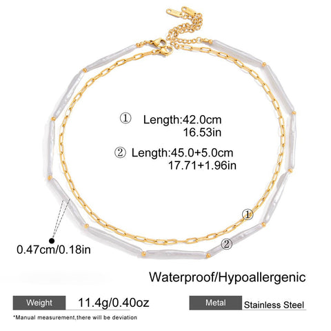 Product specification graphic for The Callisto Necklace, detailing the different lengths of the two chains, weight, and icons for its waterproof and hypoallergenic materials