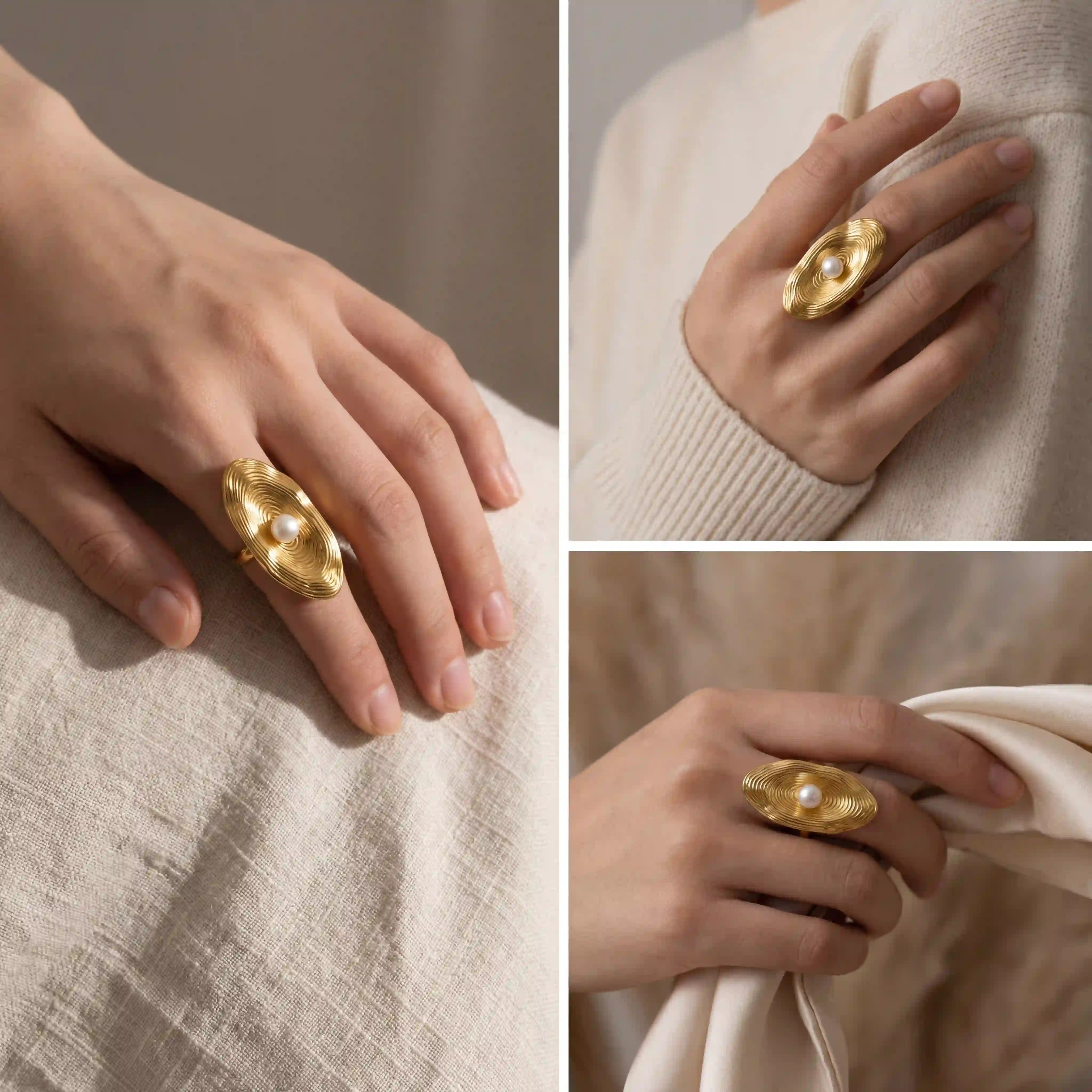 Lifestyle collage of woman wearing large gold oval ring elegant fall fashion.