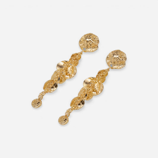 Gold cascading coin drop earrings textured stainless steel waterproof jewelry.