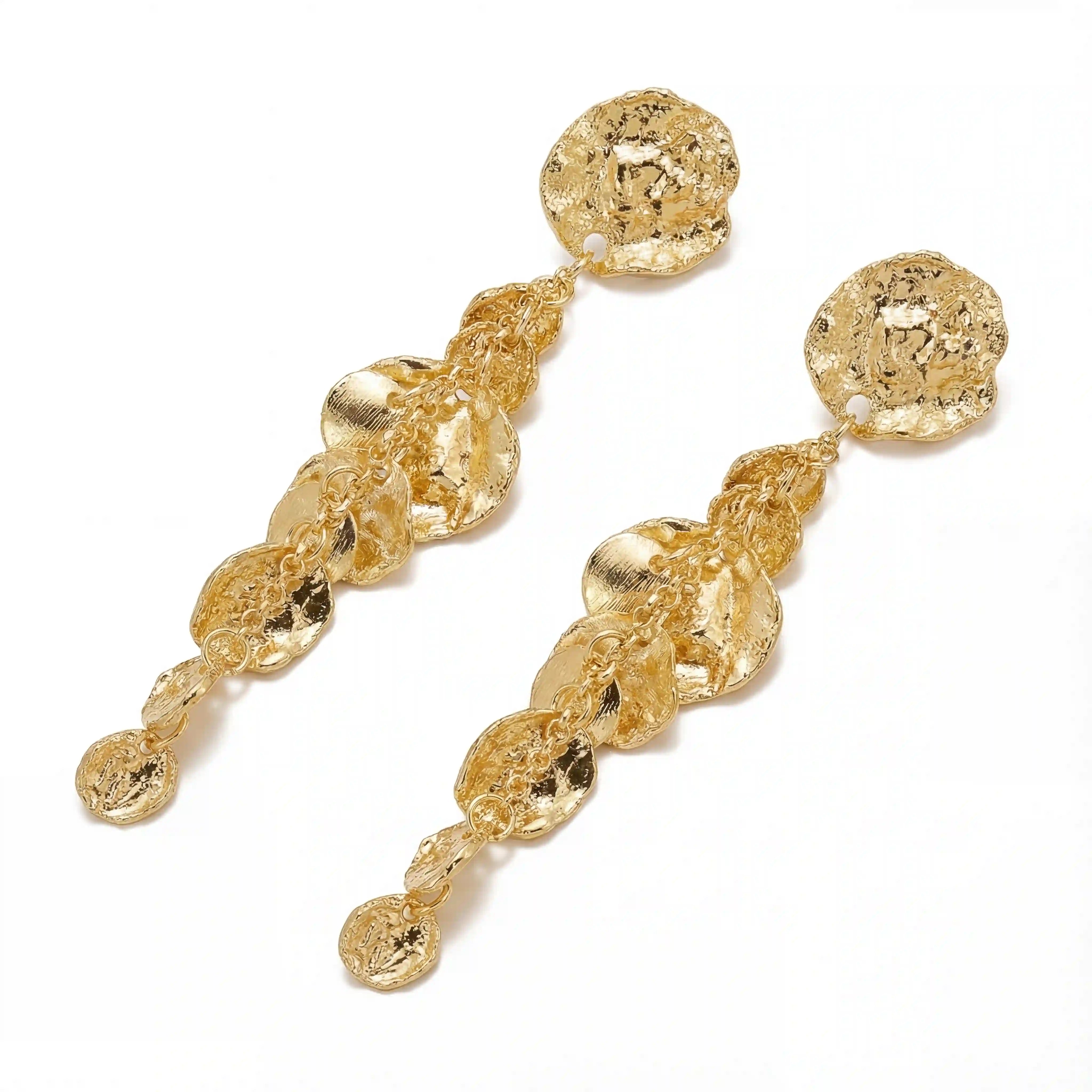 Gold cascading coin drop earrings textured stainless steel waterproof jewelry.