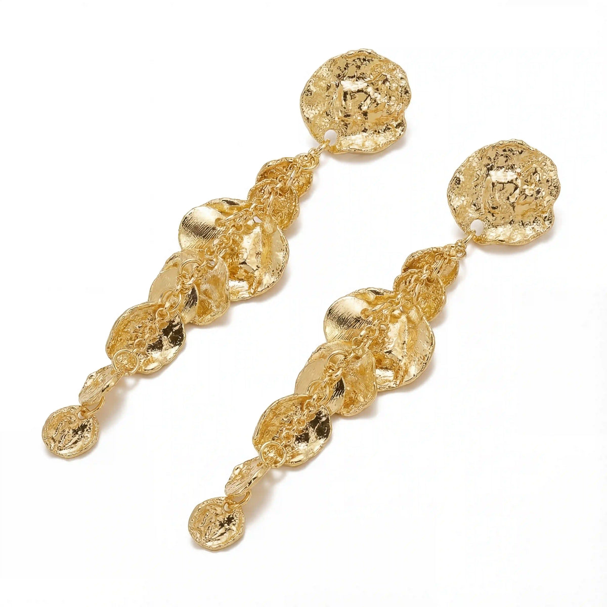 Gold cascading coin drop earrings textured stainless steel waterproof jewelry.