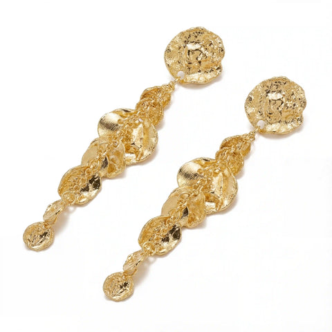 Gold cascading coin drop earrings textured stainless steel waterproof jewelry.