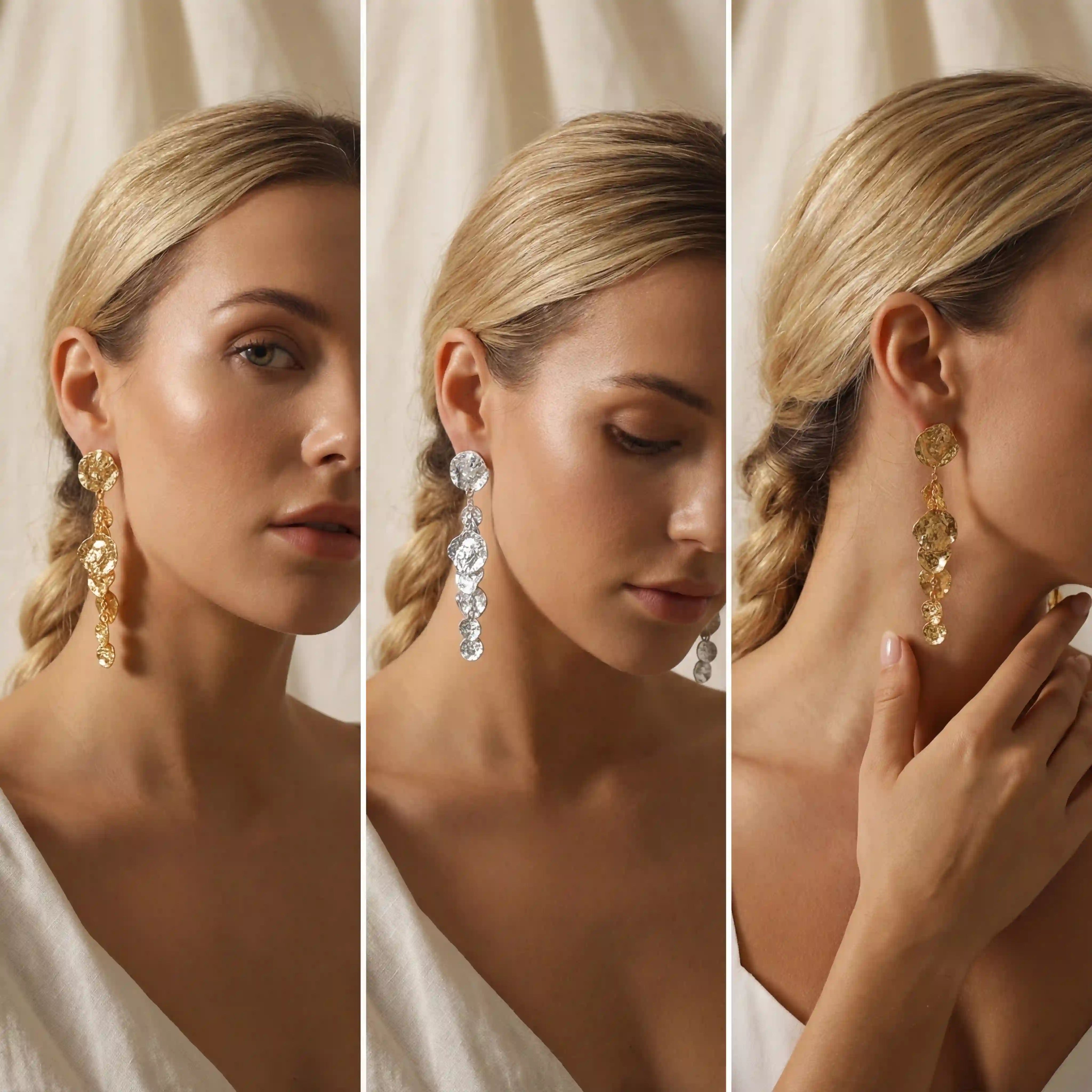 Lifestyle collage of woman styling long gold waterfall earrings for party or wedding guest.
