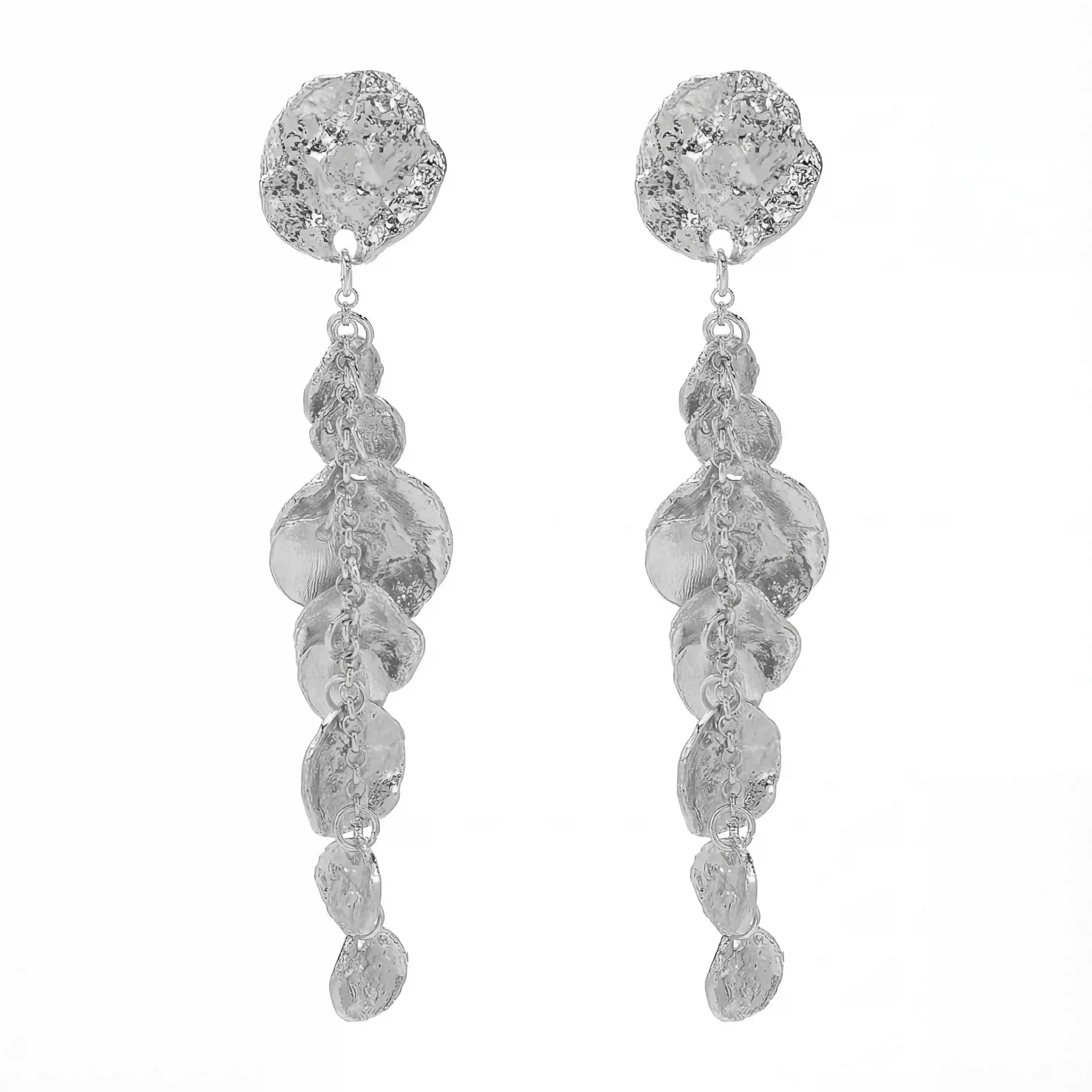 Silver hammered disc long earrings hypoallergenic stainless steel statement piece.