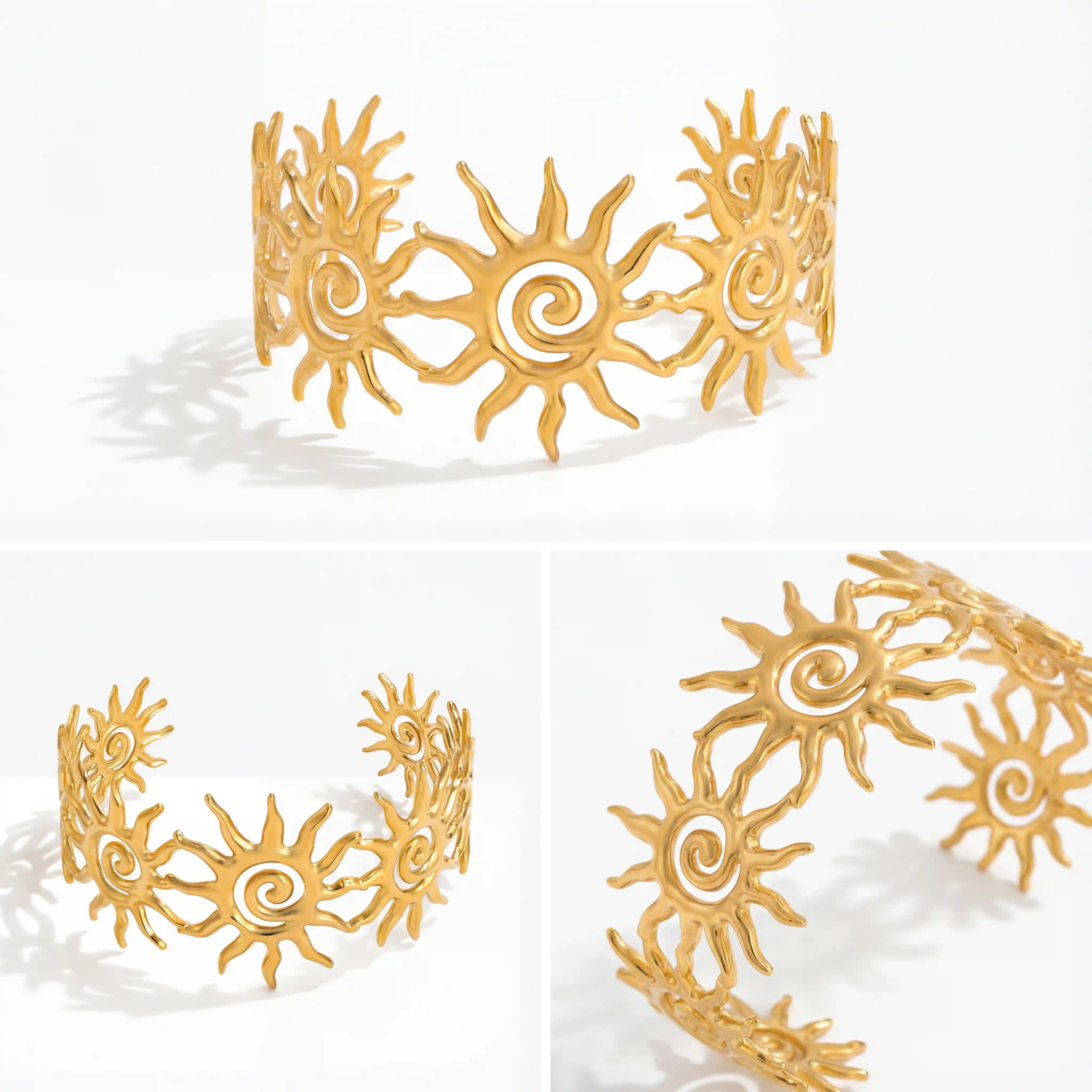 Collage of different angles of adjustable gold sun cuff bracelet waterproof jewelry.