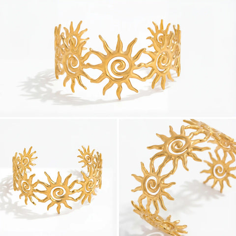 Collage of different angles of adjustable gold sun cuff bracelet waterproof jewelry.