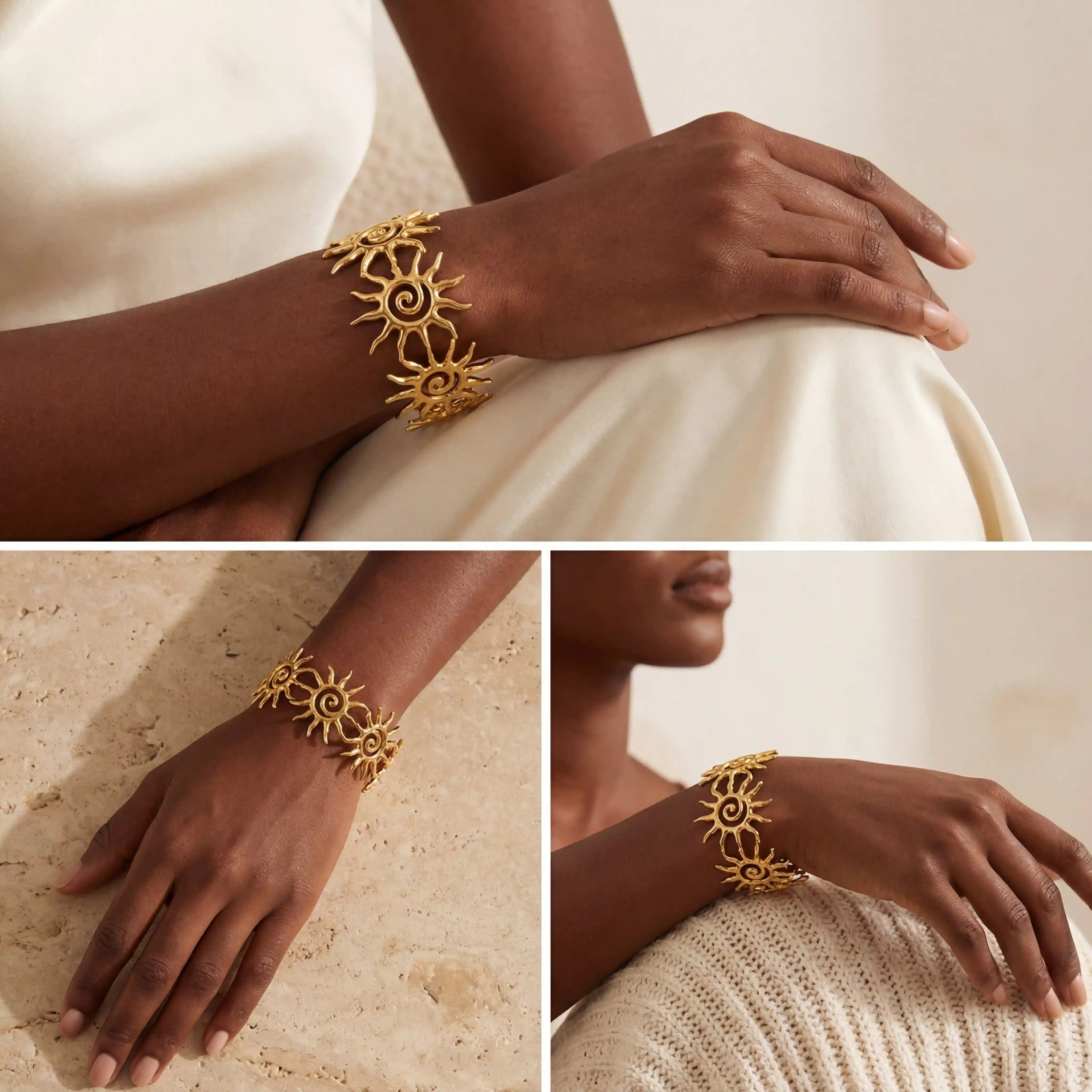 Aesthetic photography collage of gold spiral sun bracelet styling on wrist.
