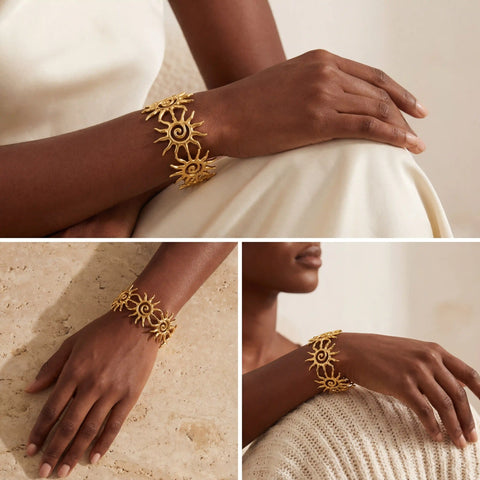 Aesthetic photography collage of gold spiral sun bracelet styling on wrist.