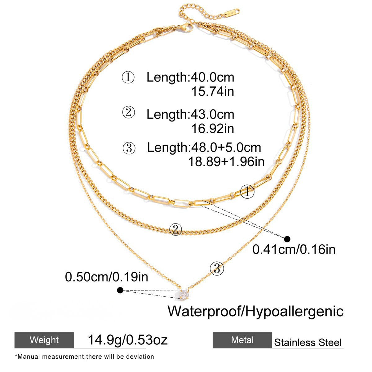 Product specification graphic for The Charites Necklace, detailing the different lengths of the three chains and icons for its waterproof and hypoallergenic materials.