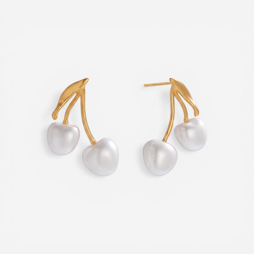 Pair of gold cherry shaped earrings with white pearl fruit waterproof stainless steel.