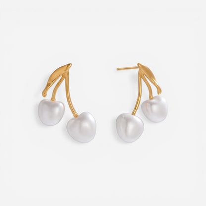 Pair of gold cherry shaped earrings with white pearl fruit waterproof stainless steel.