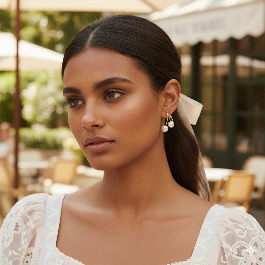 A chic model with a white bow in her hair wears The Chérie pearl cherry studs at an outdoor cafe, showing their versatility for a polished, romantic style.