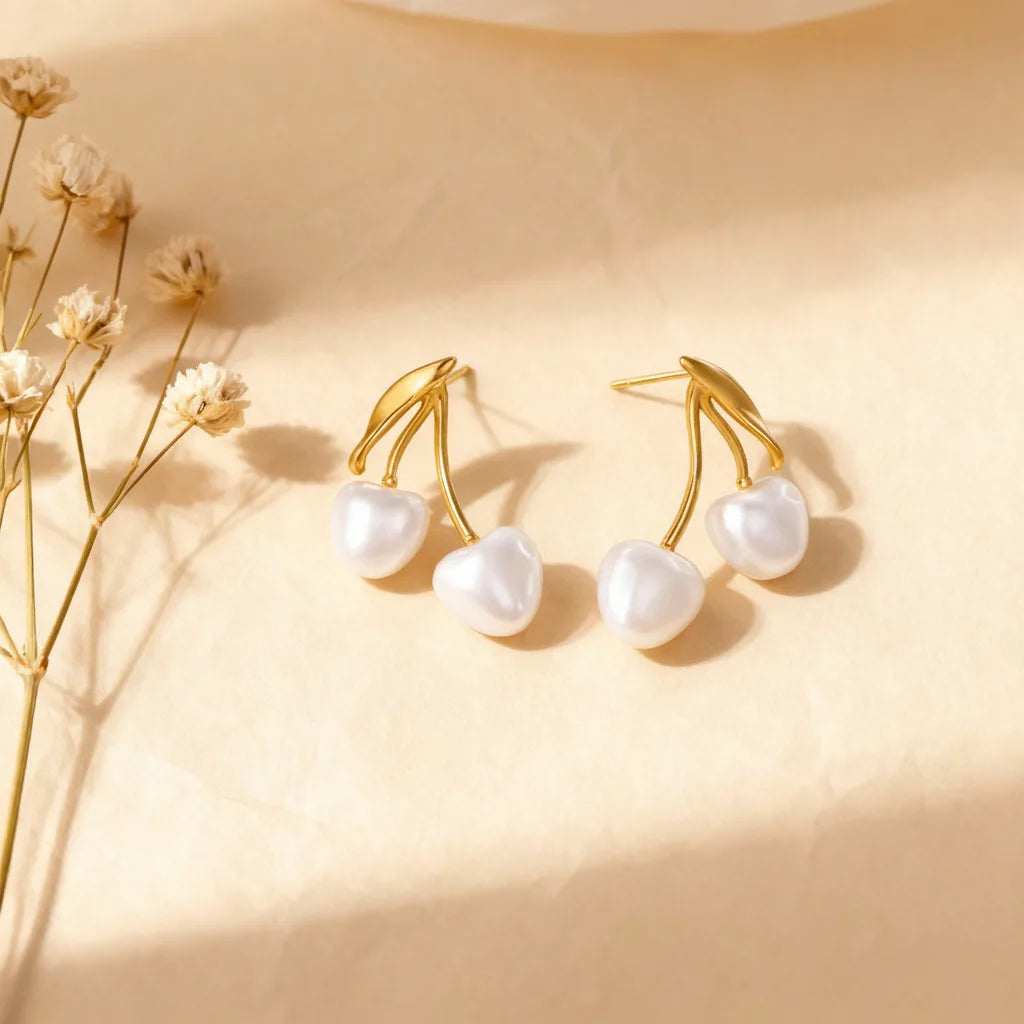 An artistic top-down shot of The Chérie Pearl Earrings casting a gentle shadow, highlighting the polished 18k gold-plated stems and lustrous pearls