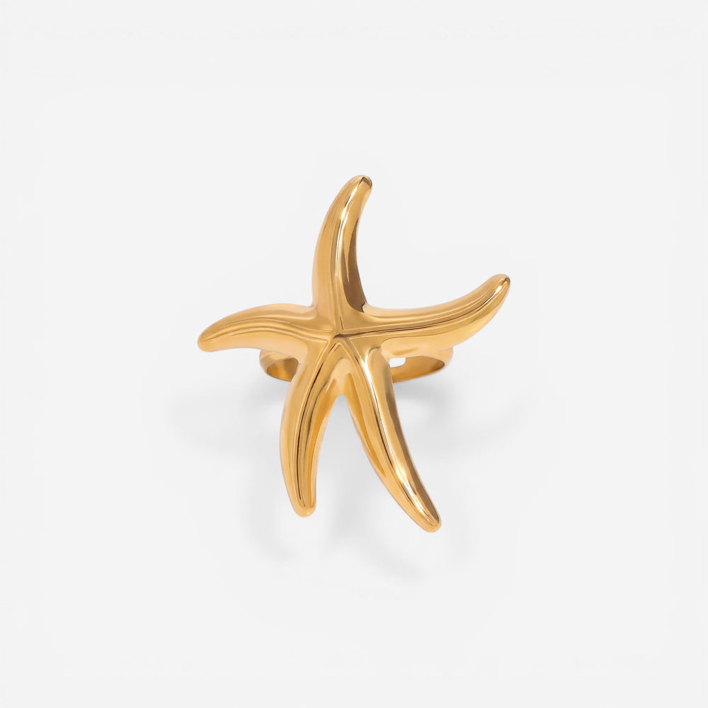 Gold starfish ring 3D sculptural design waterproof stainless steel adjustable band.