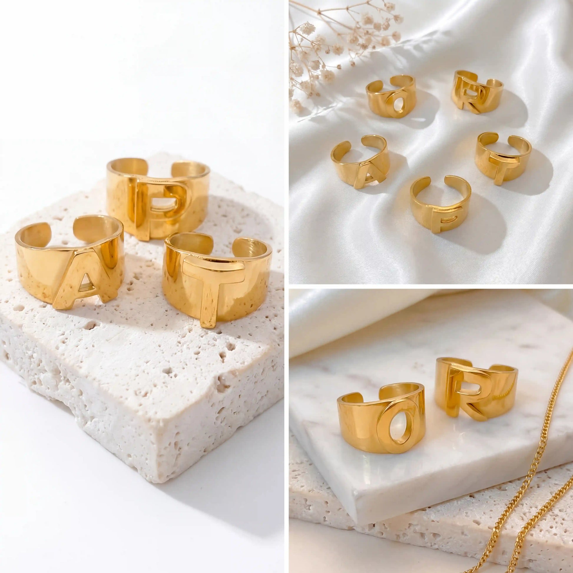 Aesthetic product photography of chunky gold alphabet rings on white stone background.