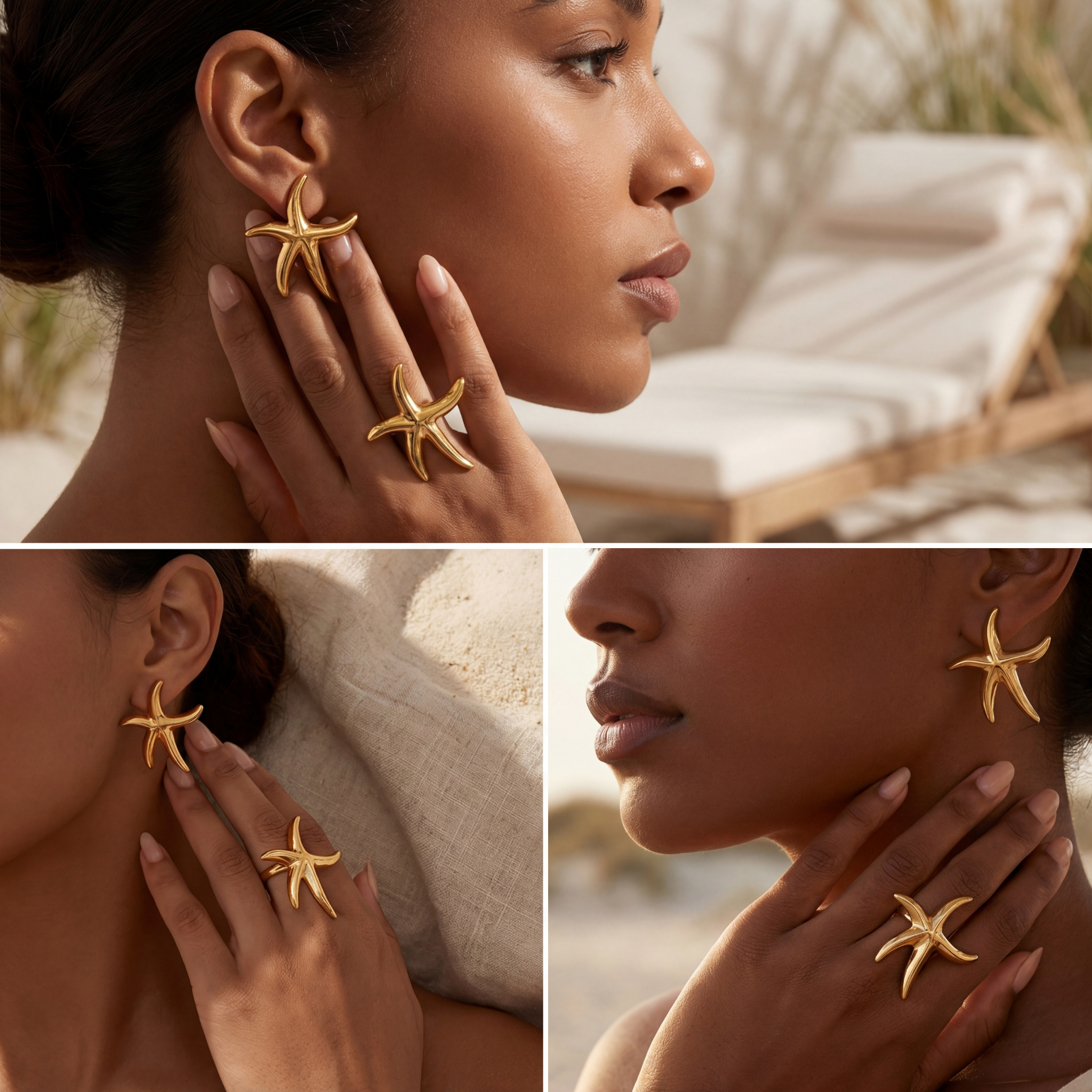 Model with dark skin styling chunky gold starfish ring and earrings mermaidcore set.