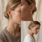 Lifestyle photography collage of blonde woman styling gold link drop earrings.