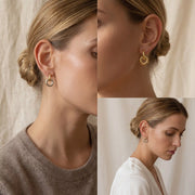 Lifestyle photography collage of blonde woman styling gold link drop earrings.